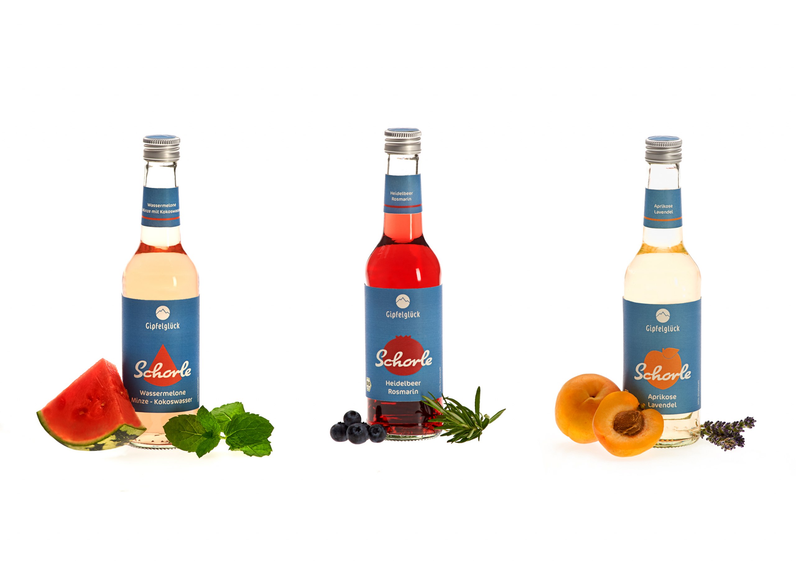 Entwicklung einer Markenidentität für eine Saftschorle inklusive eines Packaging Designs.