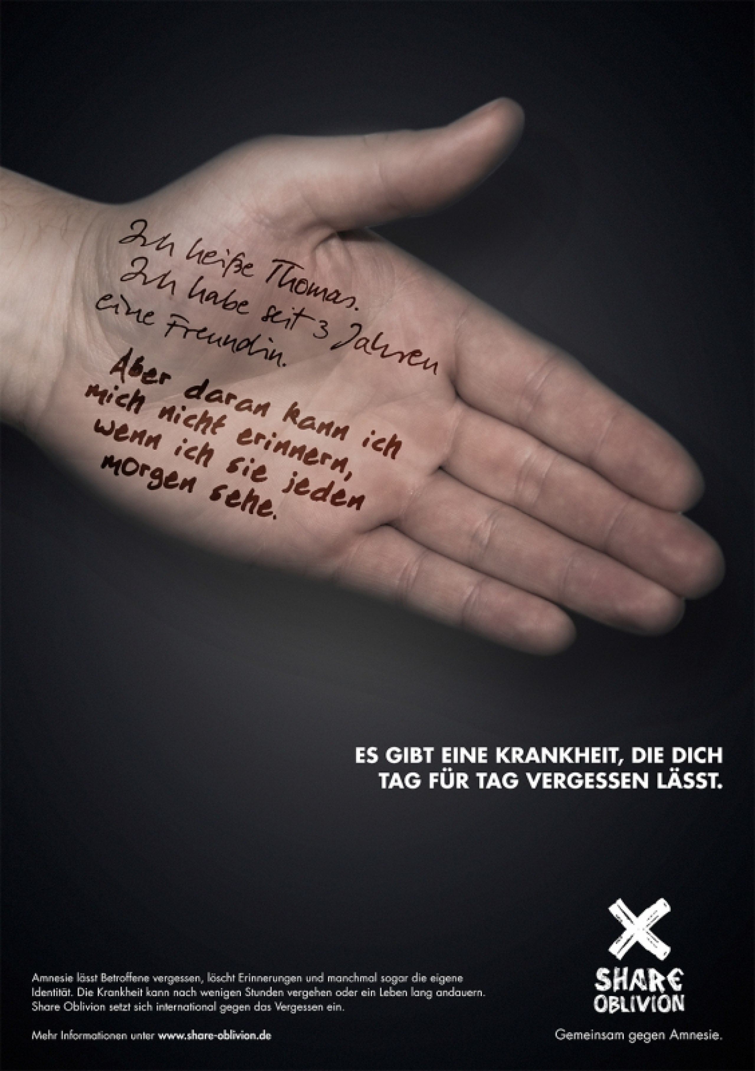 Erstellung eines Konzepts für eine fiktive Hilfsorganisation für Amnesie-Erkrankte und Angehörige und Gestaltung eines Logos, einer Website und zugehöriger Kampagne.