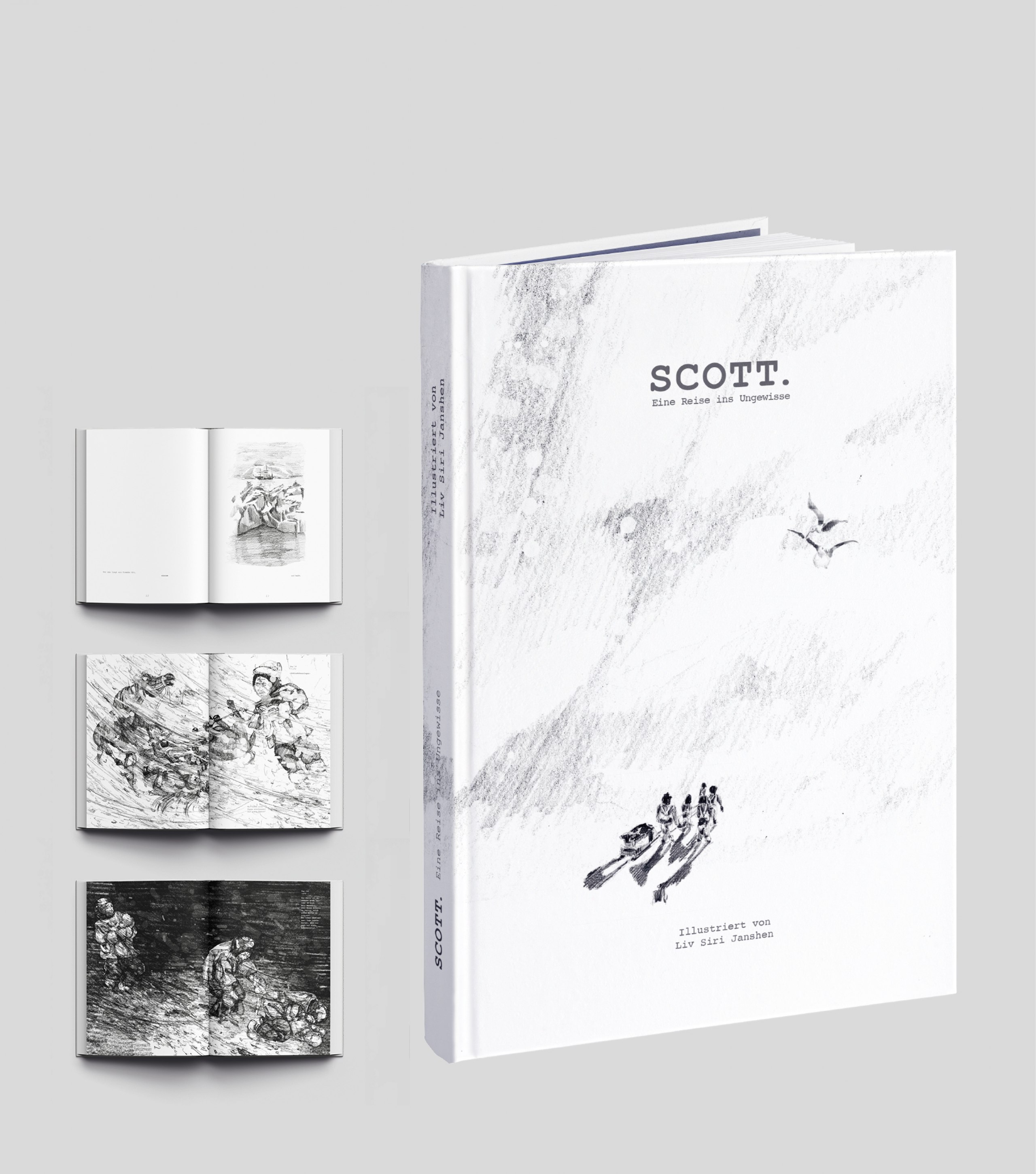 Gestaltung eines Buches mit Illustrationen zum Thema der Südpolexpedition des Briten Robert Falcon Scott