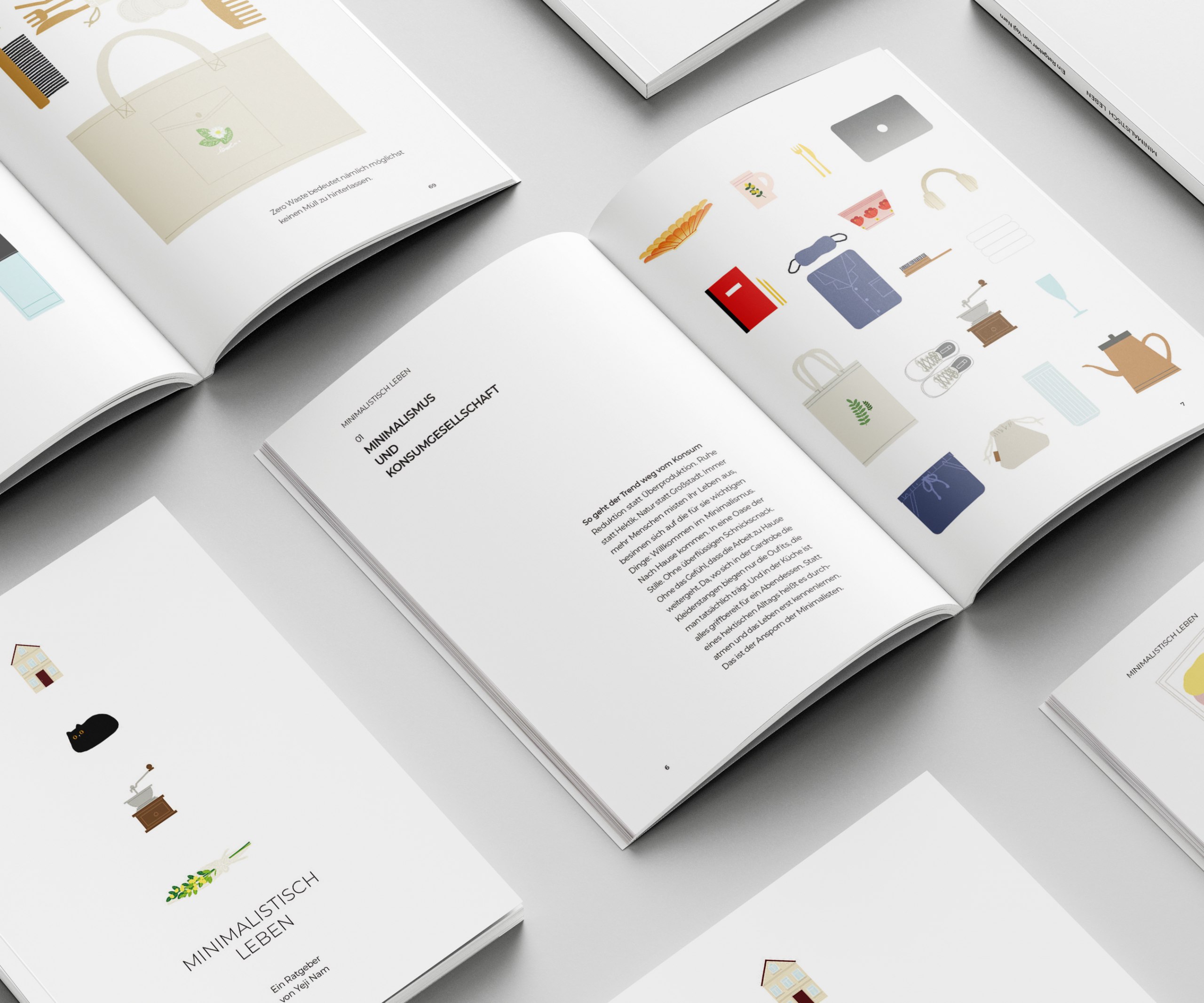 Typografische und illustrative Gestaltung eines Ratgebers für ein minimalistisches Leben