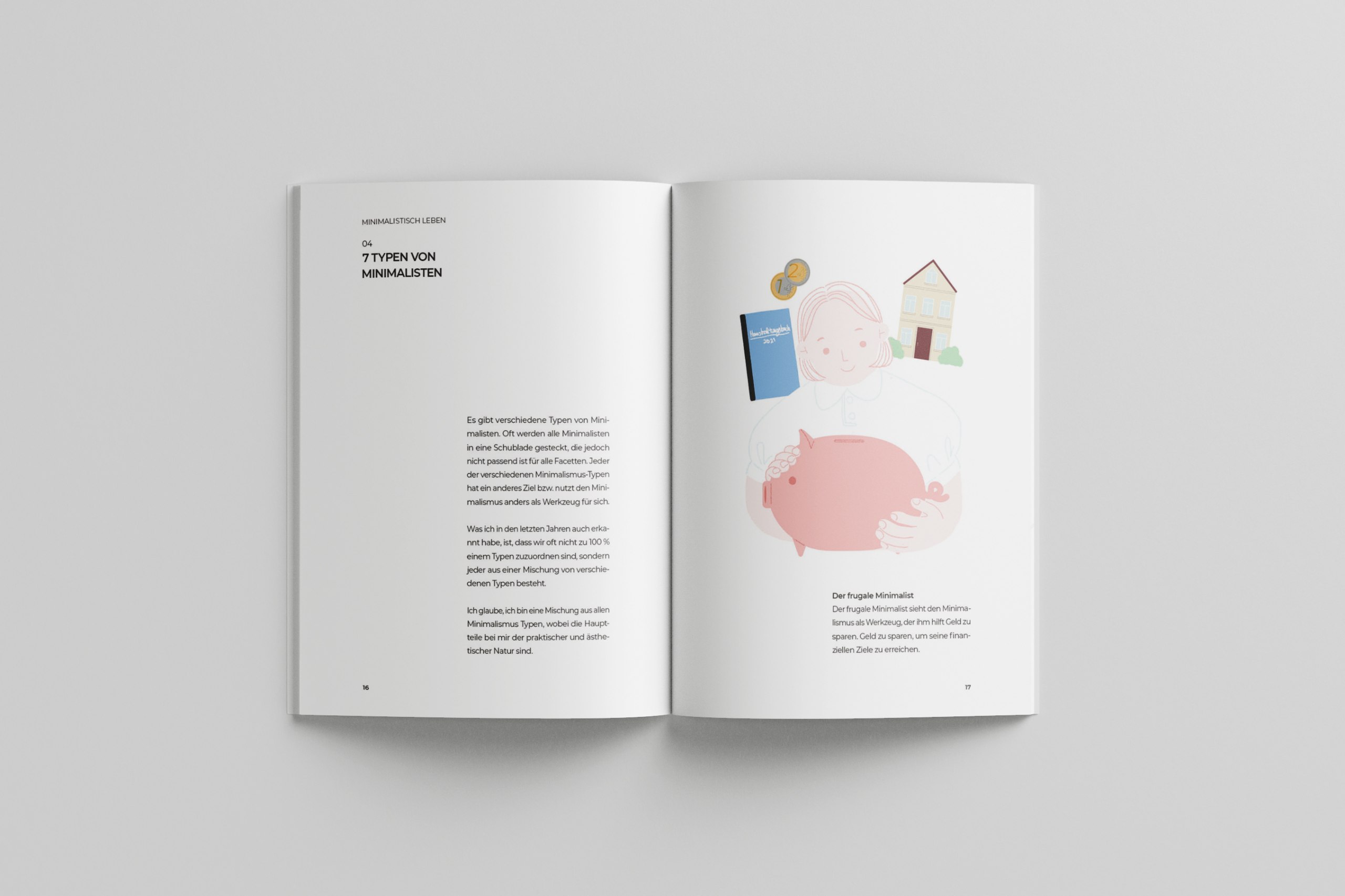 Typografische und illustrative Gestaltung eines Ratgebers für ein minimalistisches Leben