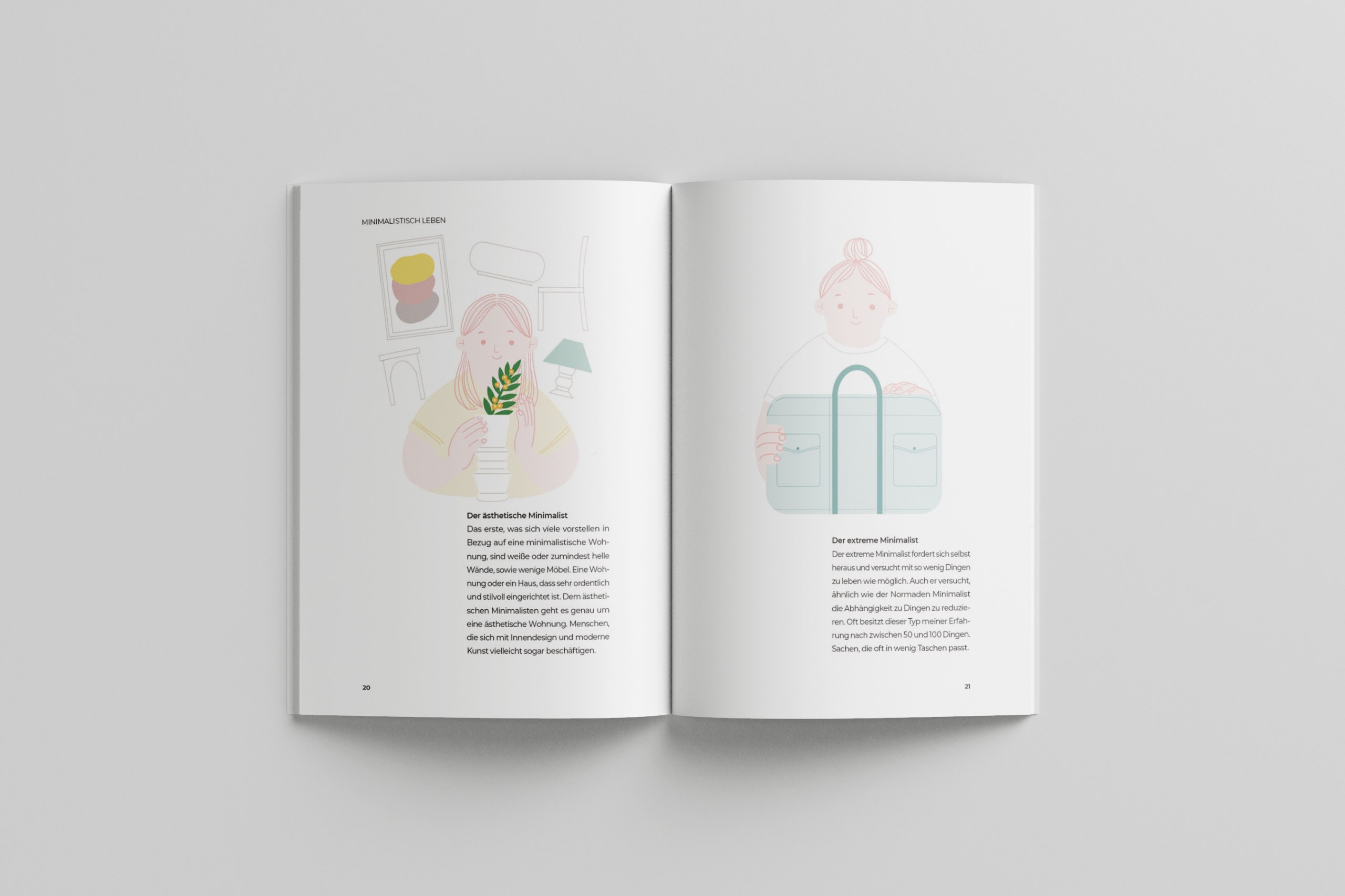Typografische und illustrative Gestaltung eines Ratgebers für ein minimalistisches Leben