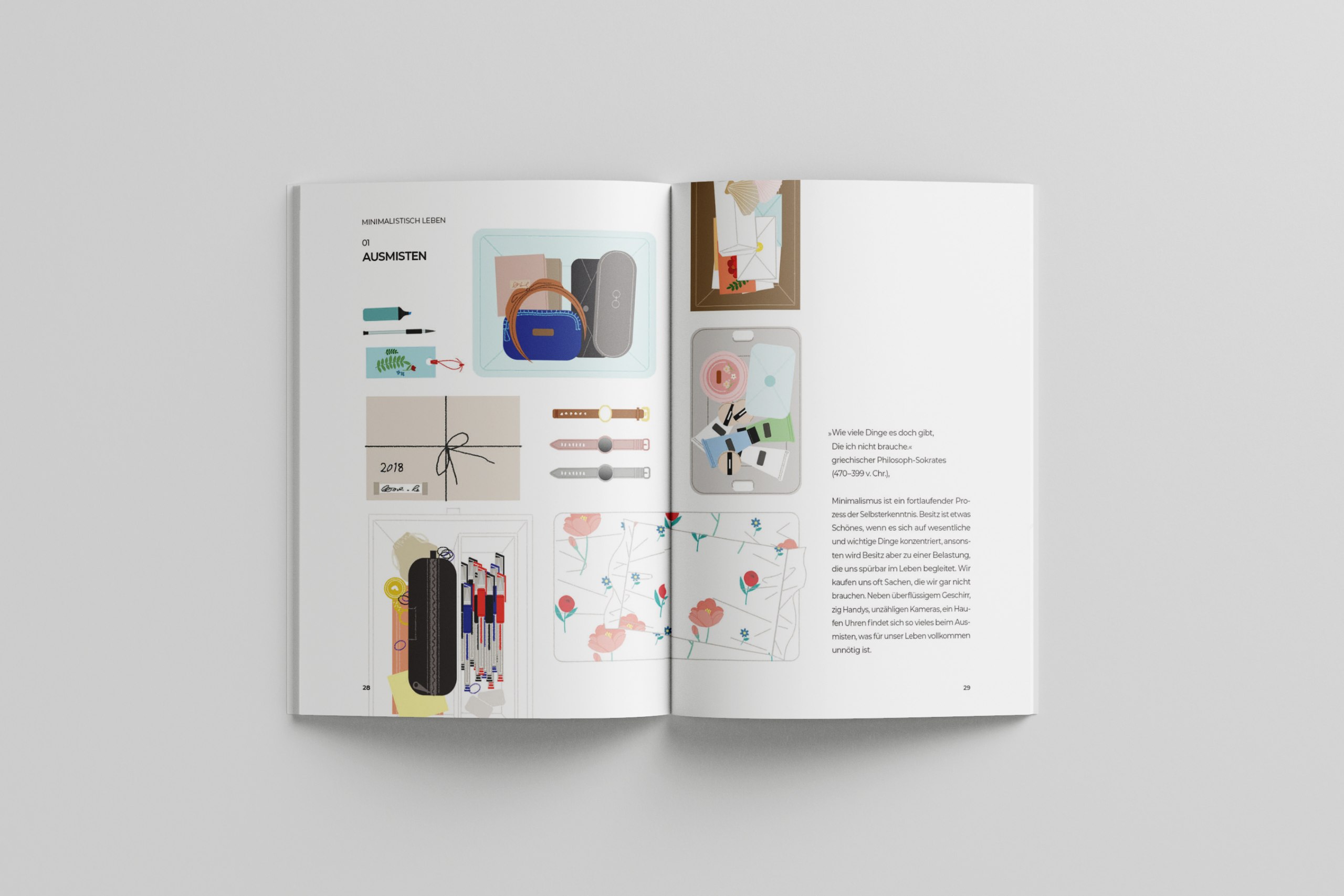 Typografische und illustrative Gestaltung eines Ratgebers für ein minimalistisches Leben