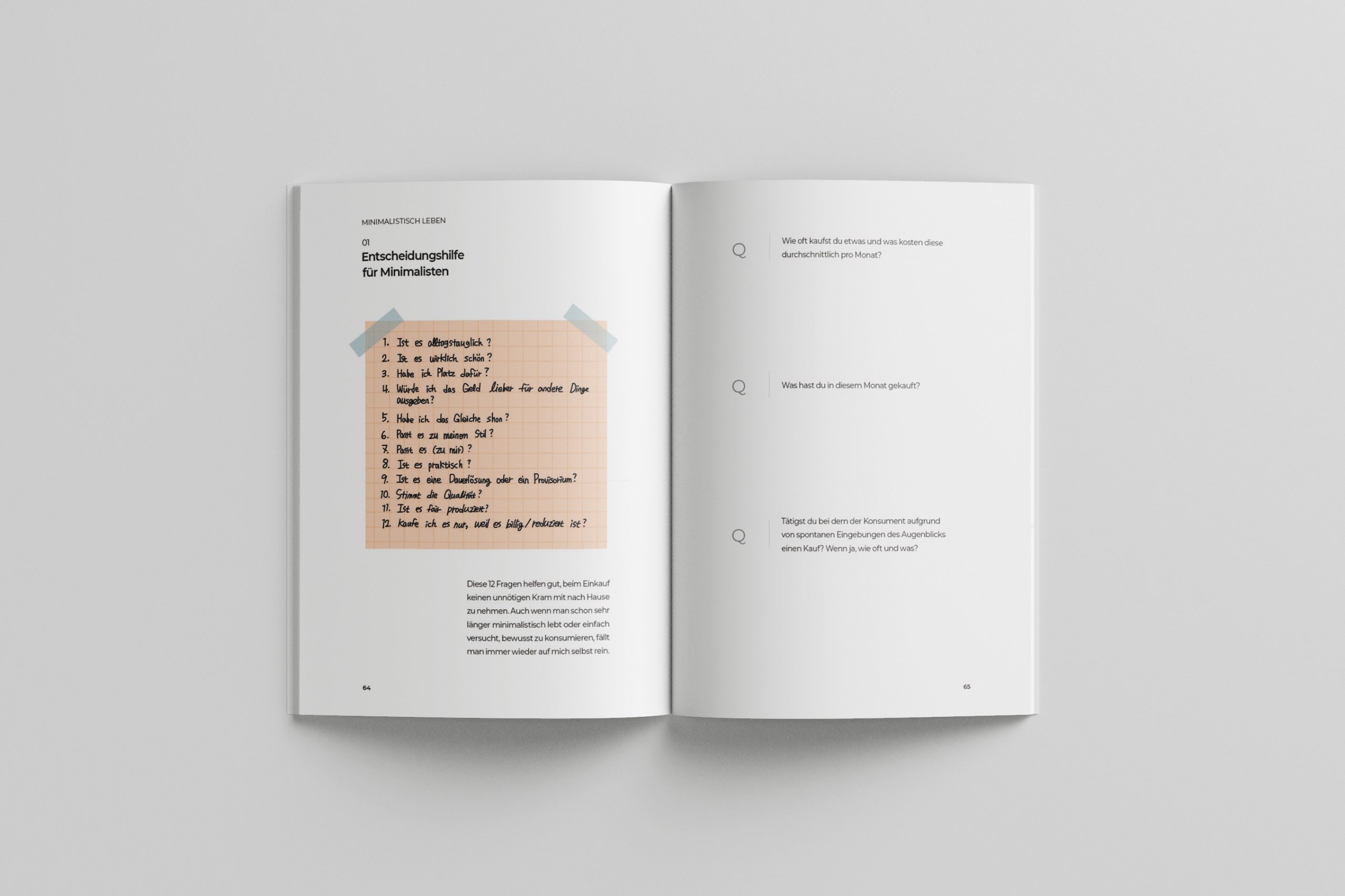 Typografische und illustrative Gestaltung eines Ratgebers für ein minimalistisches Leben