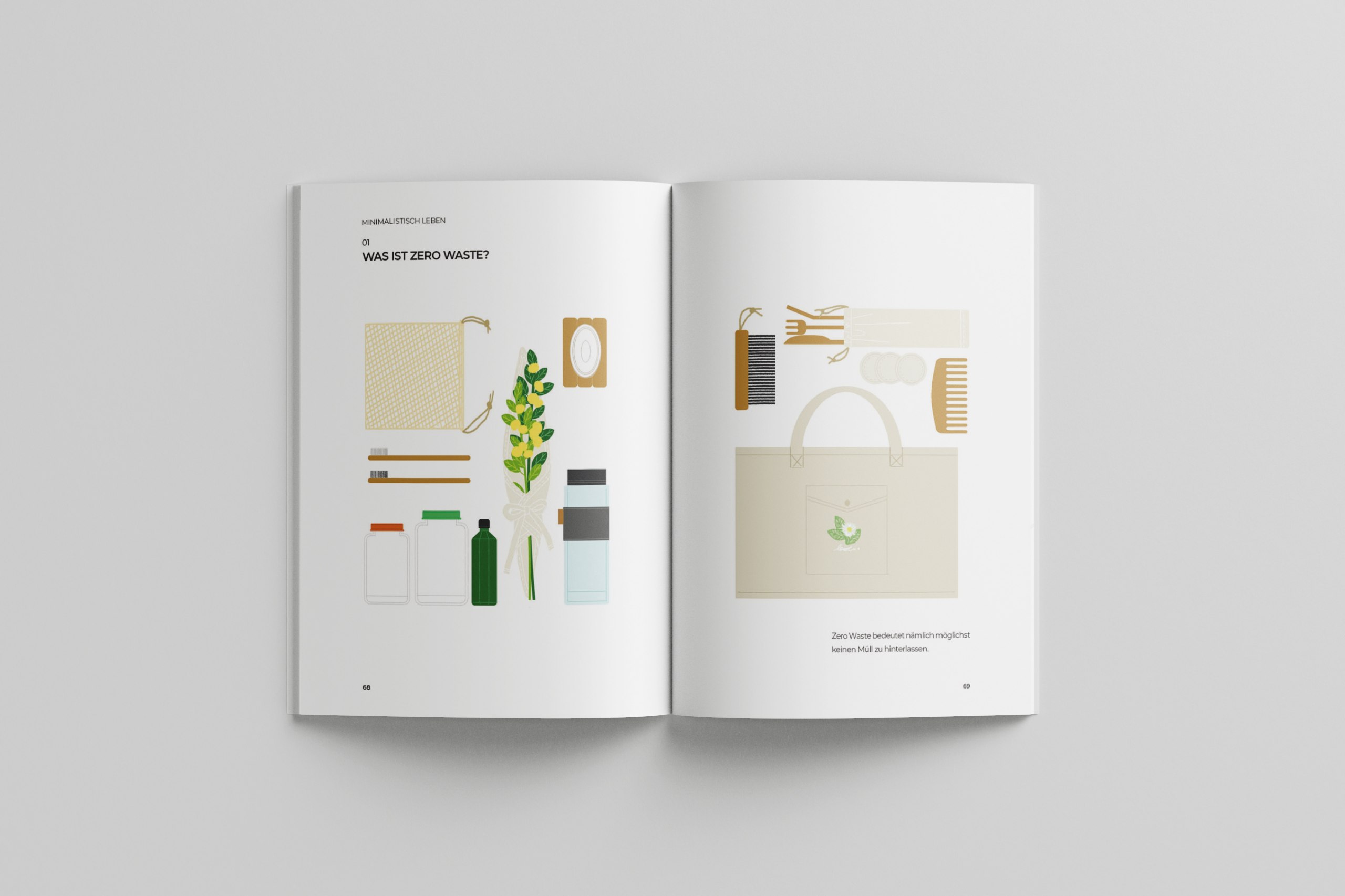 Typografische und illustrative Gestaltung eines Ratgebers für ein minimalistisches Leben