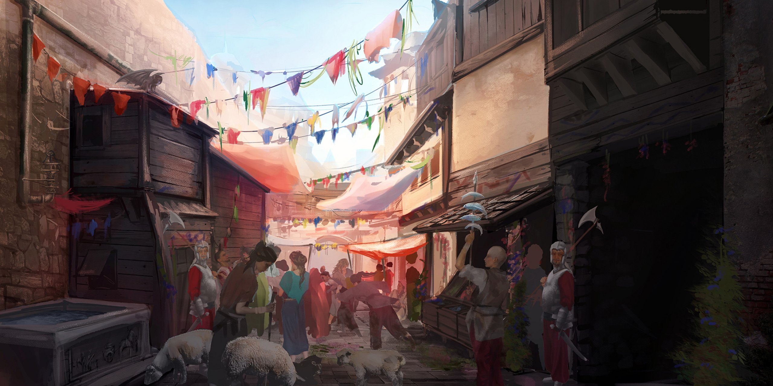 Concept Art einer Fantasy Stadt für ein digitales Rollenspiel