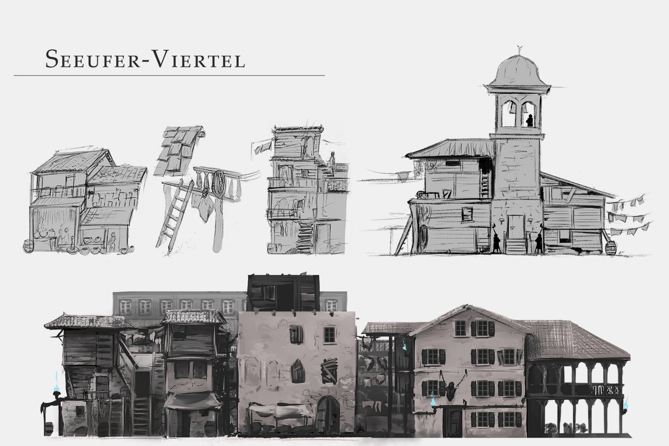 Concept Art einer Fantasy Stadt für ein digitales Rollenspiel