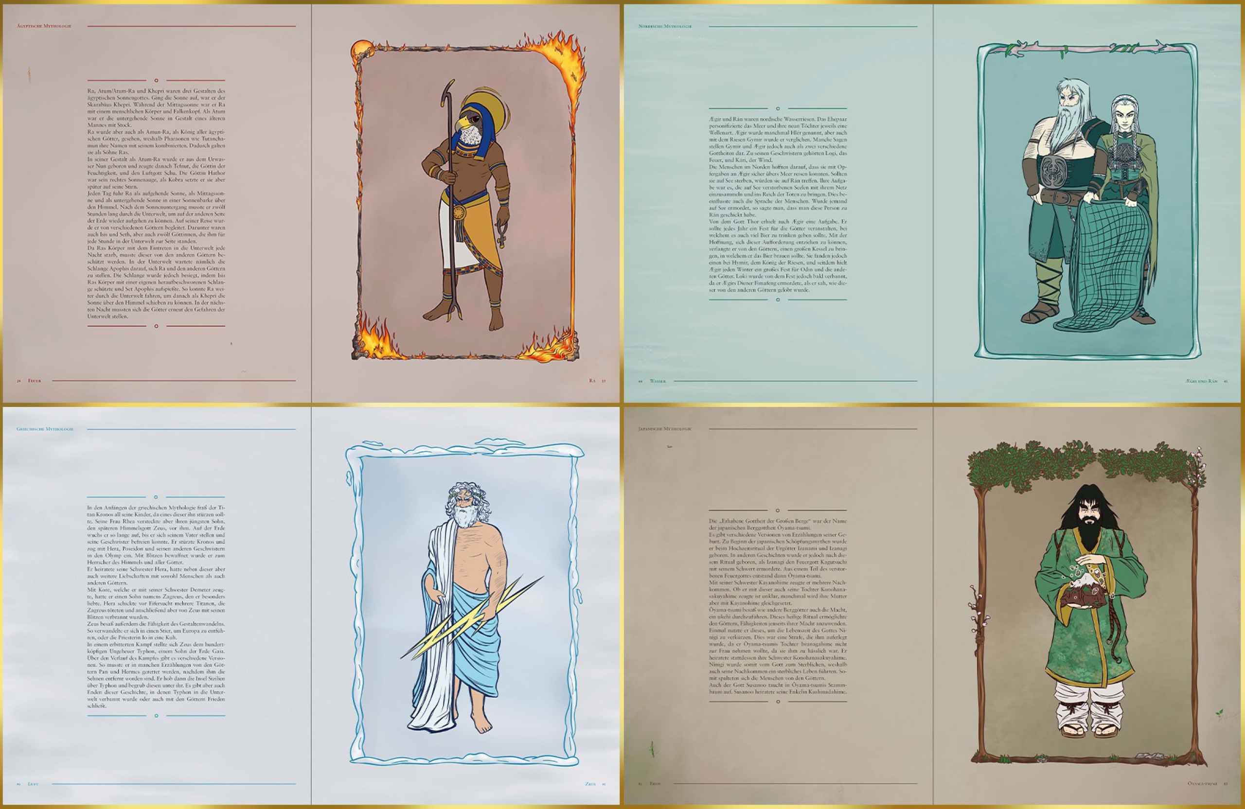 Ein illustriertes Sachbuch über Feuer-, Wasser-, Erd- und Luftgottheiten verschiedener Mythologien
