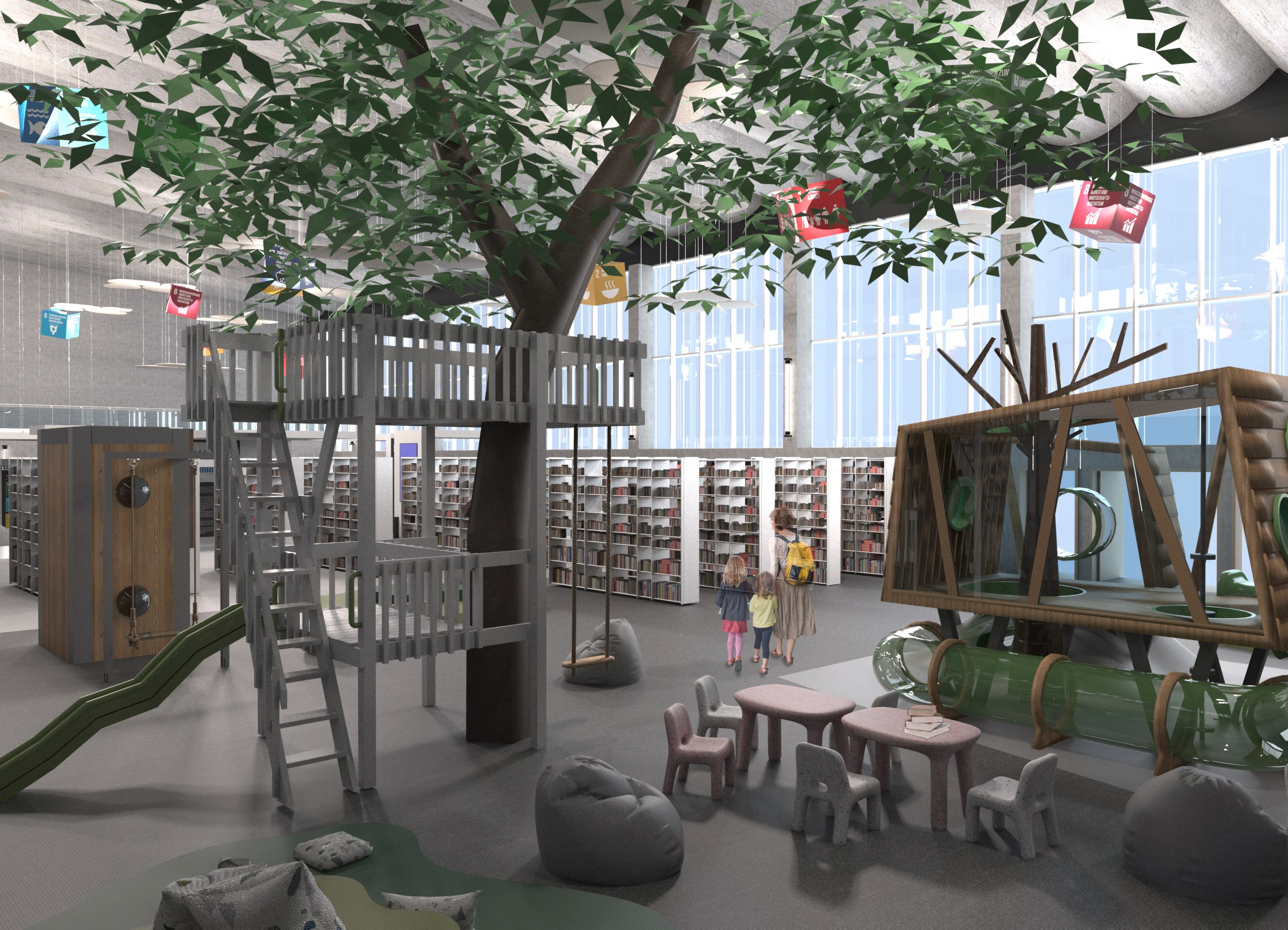 Umnutzung des Bestands zu einer öff. Bibliothek und Dauerausstellung zu regionalen Klimathemen mit Handlungmaßnahmen