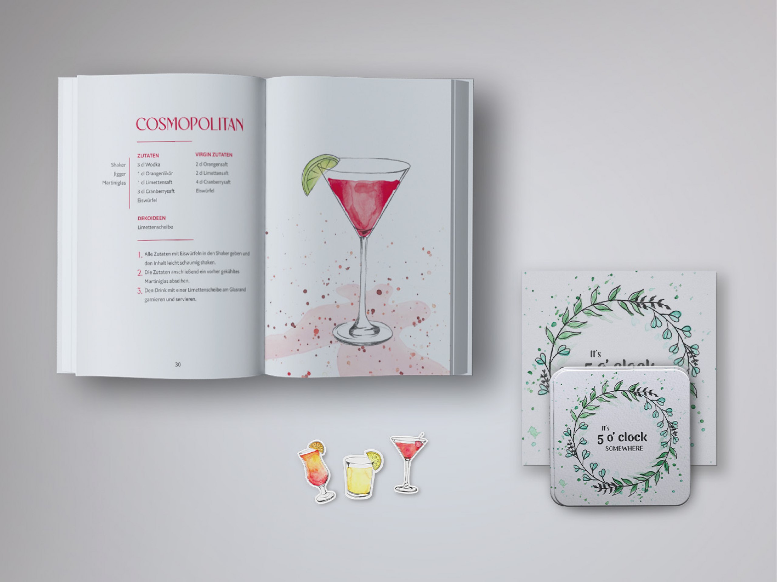 Konzeption und Gestaltung von Cocktailzubehör: Rezeptbuch und weitere Utensilien